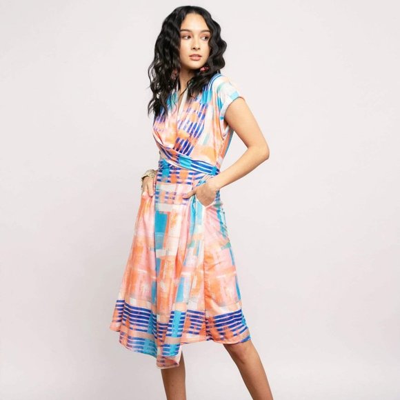 Eva Franco Dresses & Skirts - Eva Franco Poppy Wrap Knit Summer Dress Multi Color Plaid